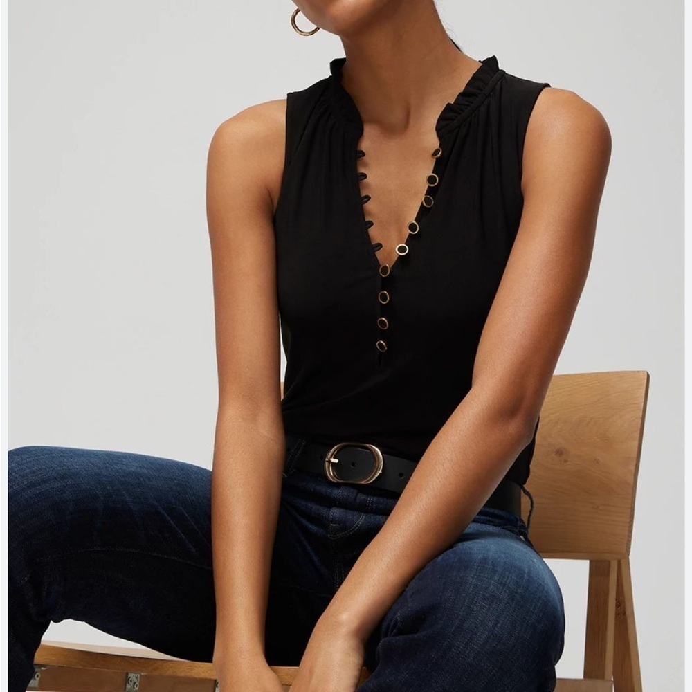 White House Black Market Tank Matte Jersey Button Front Black Career Top XS